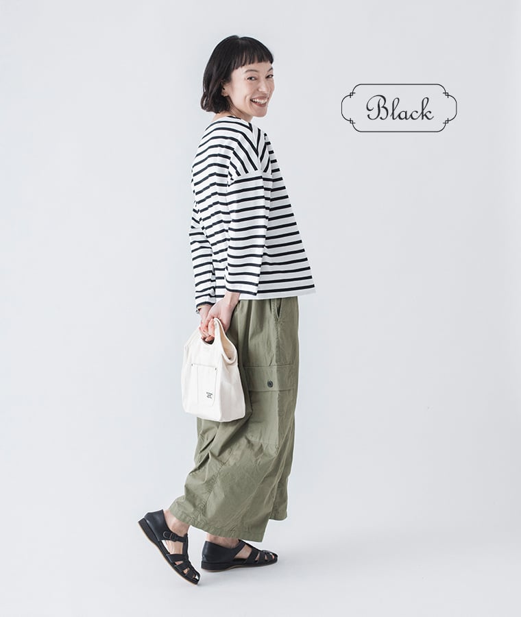 ボーダーTシャツ(ブラック)着用した全身コーディネート