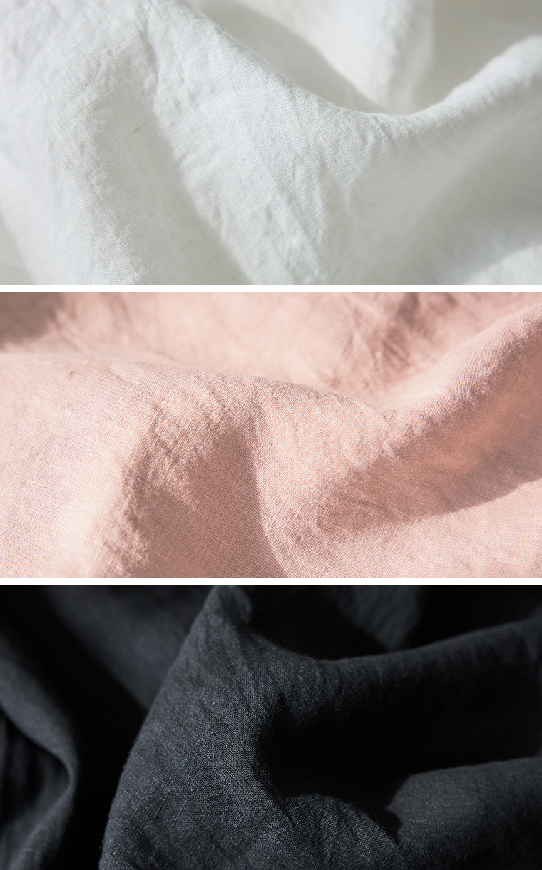 フレンチリネンフリルワンピース(ピンク、ブラック、ホワイト)の各色生地アップ