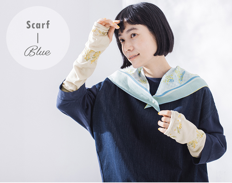 MAISON BLANCHE おさんぽスカーフ（ミモザ柄）を着用したコーディネート