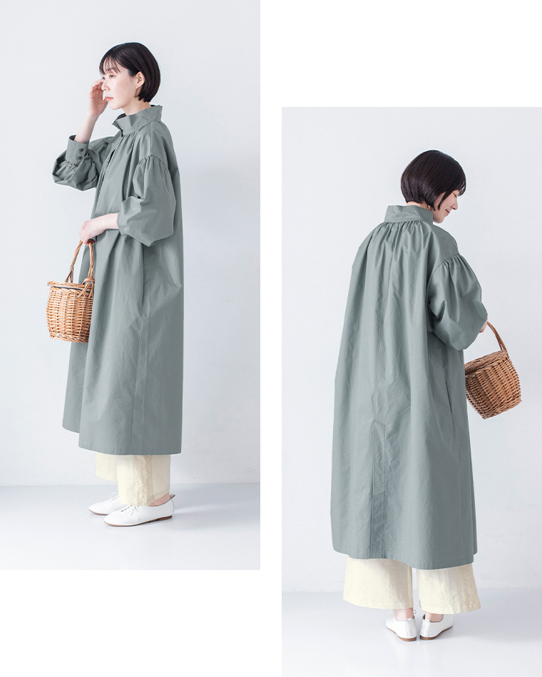 コットンリネン刺繍パンツ(ベージュ)を着用しワンピースと合わせた全身横とバックシルエット