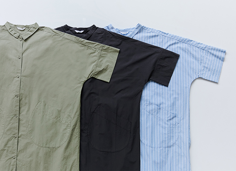 TANGコットンタイプライタービッグポケットドルマンワンピース（モスグレー・ブラック・ホワイト×ライトブルー）の3色を並べた平置き商品画像