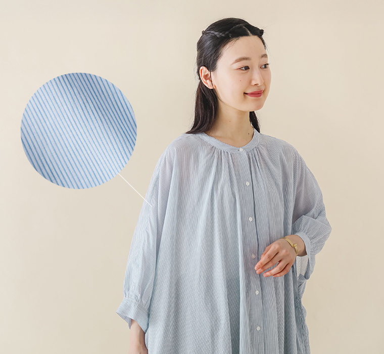 コットン先染めストライプボイルワイドワンピースの生地ディテールカット