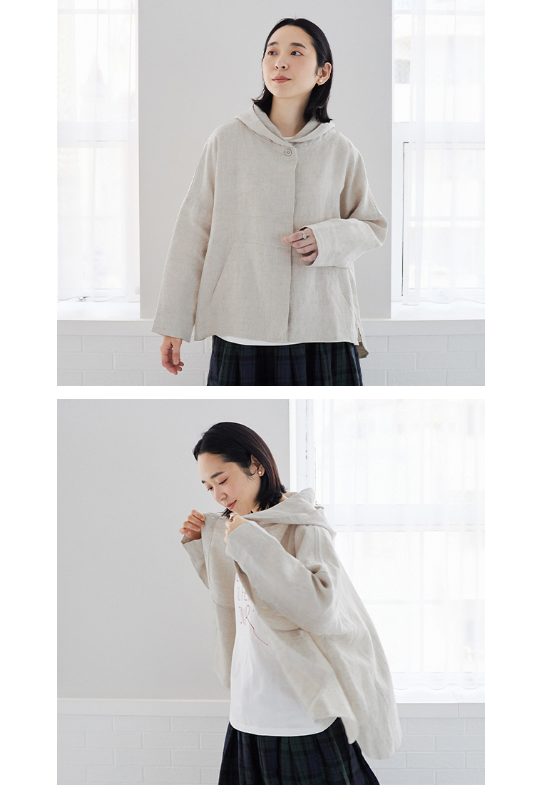 TUTIE. 大人に似合う贅沢リネンパーカー（ナチュラル）を着用した女性モデルの正面と横向きのスタイリング