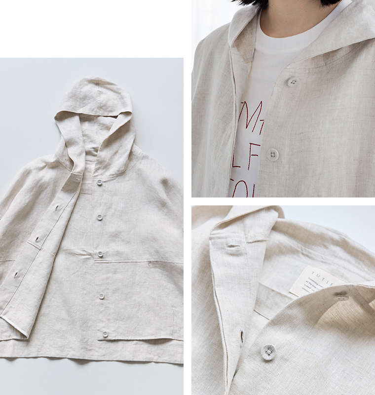 TUTIE. 大人に似合う贅沢リネンパーカー（ナチュラル）の前立てとくるみボタンのディテール