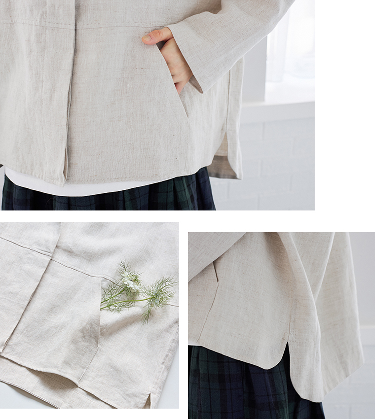 TUTIE. 大人に似合う贅沢リネンパーカー（ナチュラル）のポケットと裾のディテール