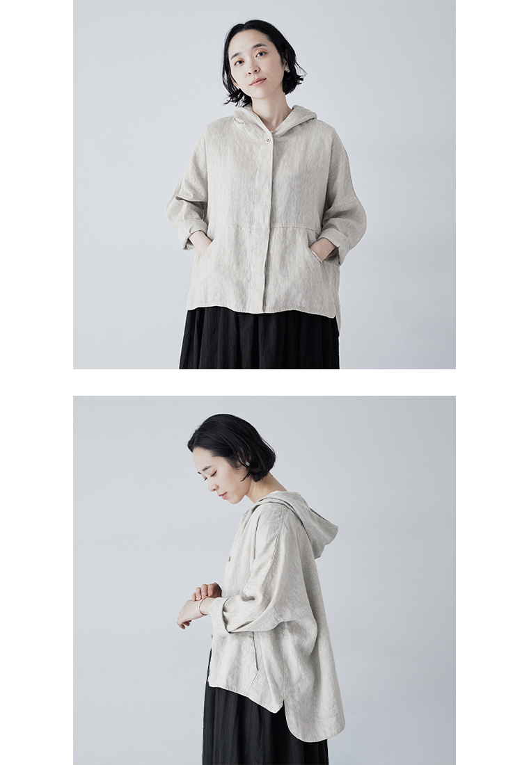 TUTIE. 大人に似合う贅沢リネンパーカー（ナチュラル）の前立てとポケットディテール