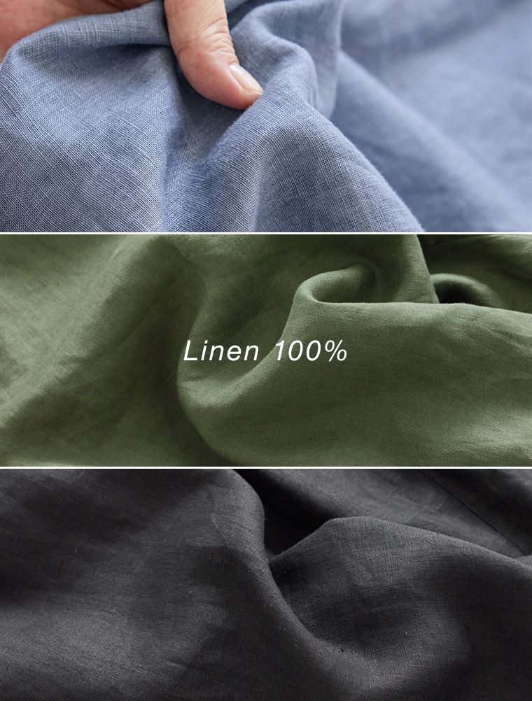 ブルー・カーキ・ブラックのリネン生地を手でつまんで質感を見せた商品画像