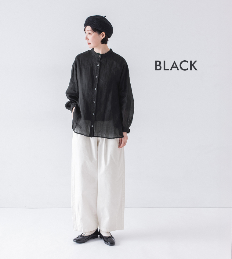 シアーリネンバンドカラーブラウス(ブラック)着用の全身コーディネート