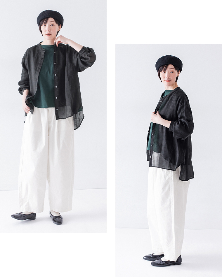 シアーリネンバンドカラーブラウス(ブラック)着用の全身前と横のカット