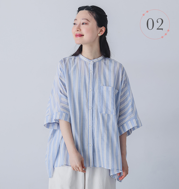 le colisのティスボイル バンドカラードルマン5分袖シャツを着用したモデルの正面上半身カット