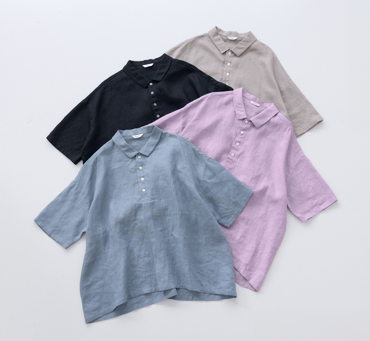 素肌喜ぶリネンポロ(スモークブルー、ライトグレー、ラベンダー、ブラック)の置き画像