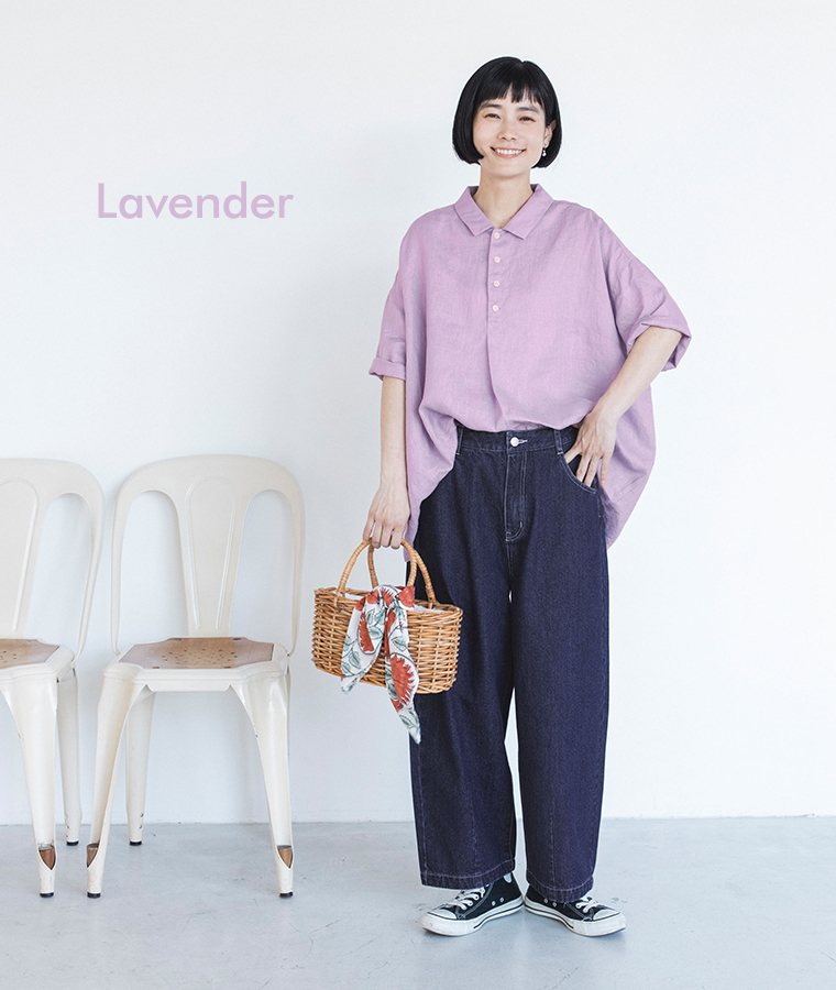 素肌喜ぶリネンポロ(ラベンダー)の全身コーディネート