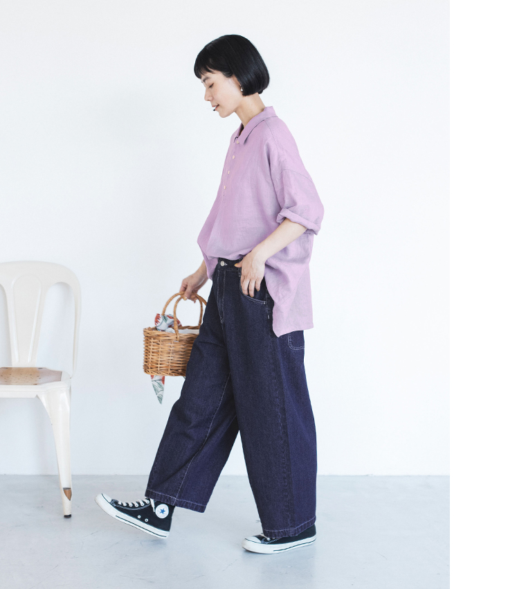 素肌喜ぶリネンポロ(ラベンダー)の全身横向きのカット