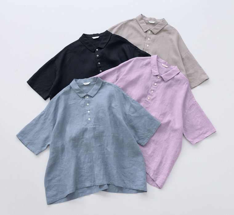 素肌喜ぶリネンポロ(スモークブルー、ライトグレー、ラベンダー、ブラック)の平置きカット