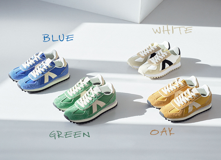 ASFVLTのGATE レトロスニーカー ホワイト、グリーン、ブルー、オークのカラーバリエーション一覧