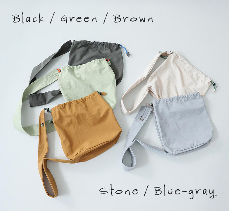 Earth Madeの撥水ナイロンパラコードボンサックのブラック、グリーン、ブラウン、ストーン、ブルーグレーのカラーバリエーション