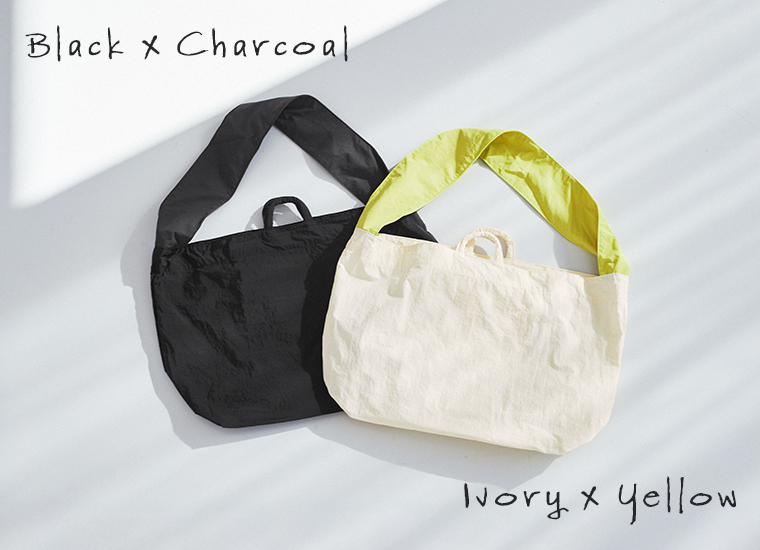 Earth Madeのナイロンリップストラップトートのブラック×チャコールとアイボリー×イエローのカラーバリエーション