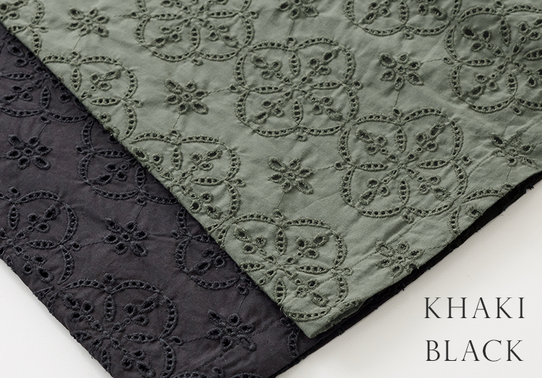 カーキとブラックのカットワークレースワンピースの生地アップ