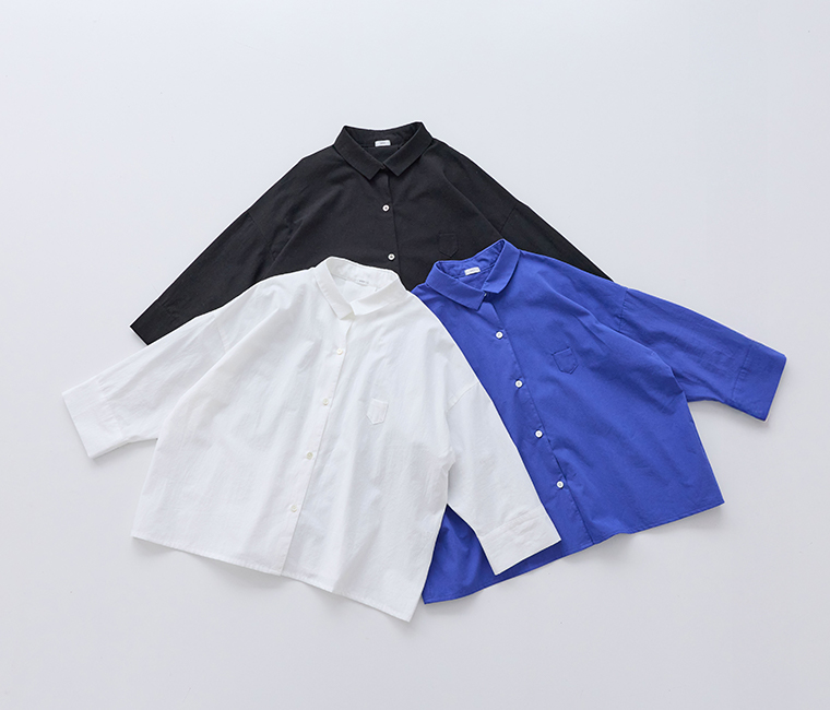 ynir近江晒ブロード　トライアングルシャツ（ブラック・ホワイト・ブルー）を並べた商品画像