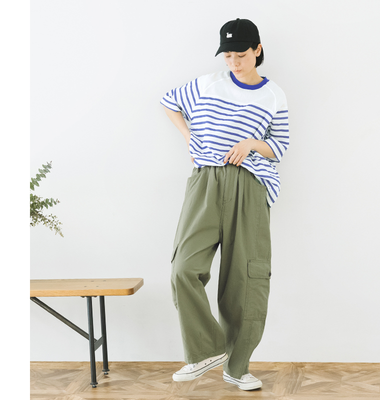 NORTHERN TRUCK カーゴバルーンパンツ カーキ 着用 フロントスタイル リラックスシルエット