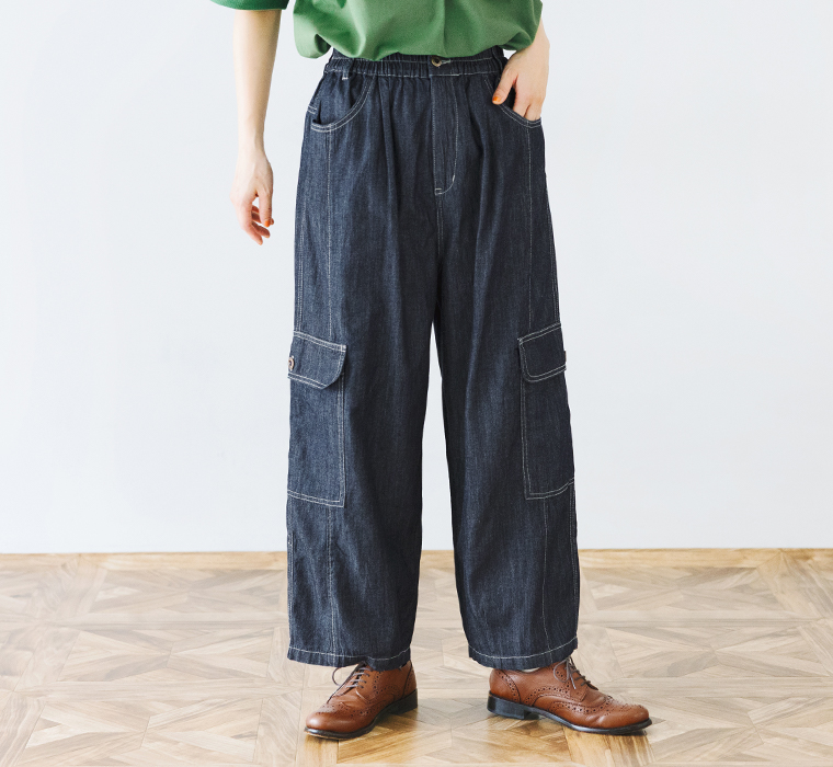 NORTHERN TRUCK カーゴバルーンパンツ インディゴネイビー フロント ワイドシルエット デニム調