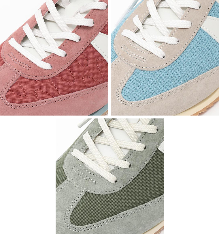 メスタリのライトマホガニーとシルバーライニングとティーのアッパー素材の違いを並べたアップ