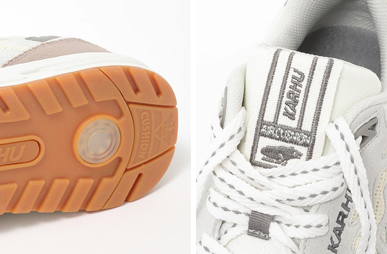 レガシー96のホワイトアスパラガスのスニーカーのアウトソールとシュータンのロゴのディテール