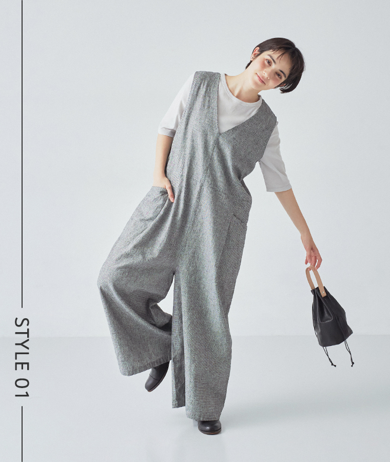 Bliss bunch コットンリネン サロペット ハウンドトゥース ワイドパンツ 着用イメージ