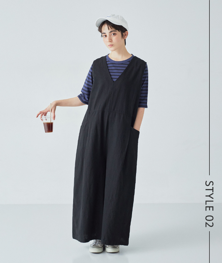 Bliss bunch コットンリネン サロペット ブラック レディース コーディネート スタイル