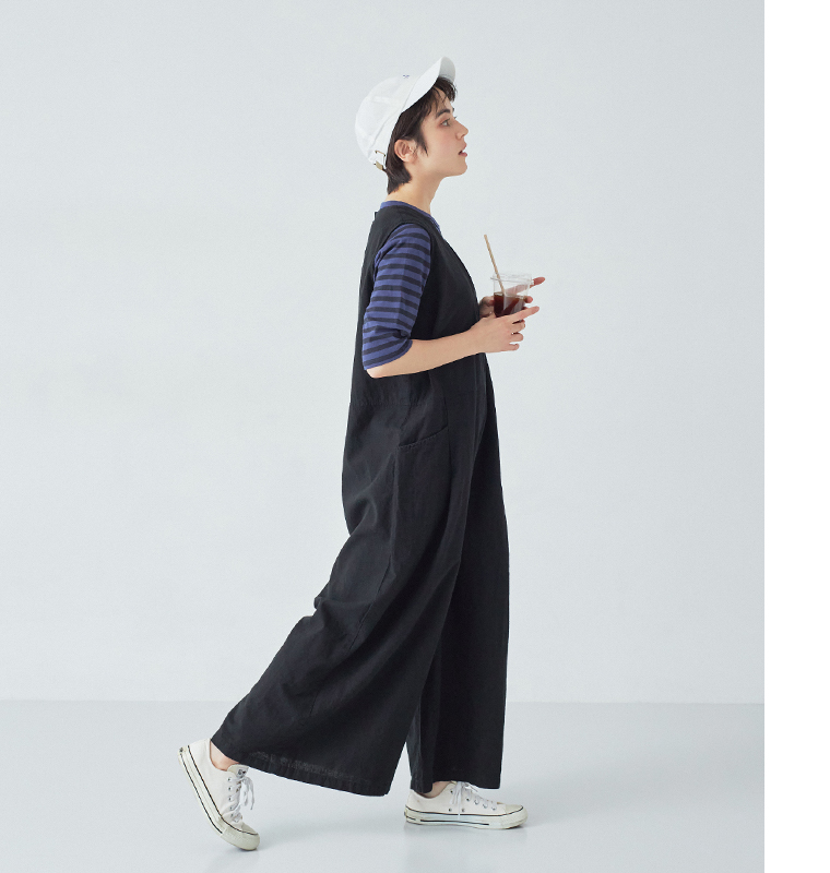 Bliss bunch コットンリネン サロペット ブラック サイドシルエット ワイドパンツ