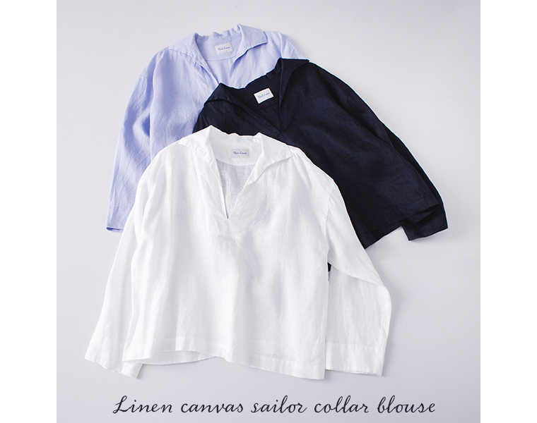 Vent d'ouest リネンキャンバスセーラーカラーブラウスのホワイト、サックス、ネイビーを並べたイメージカット