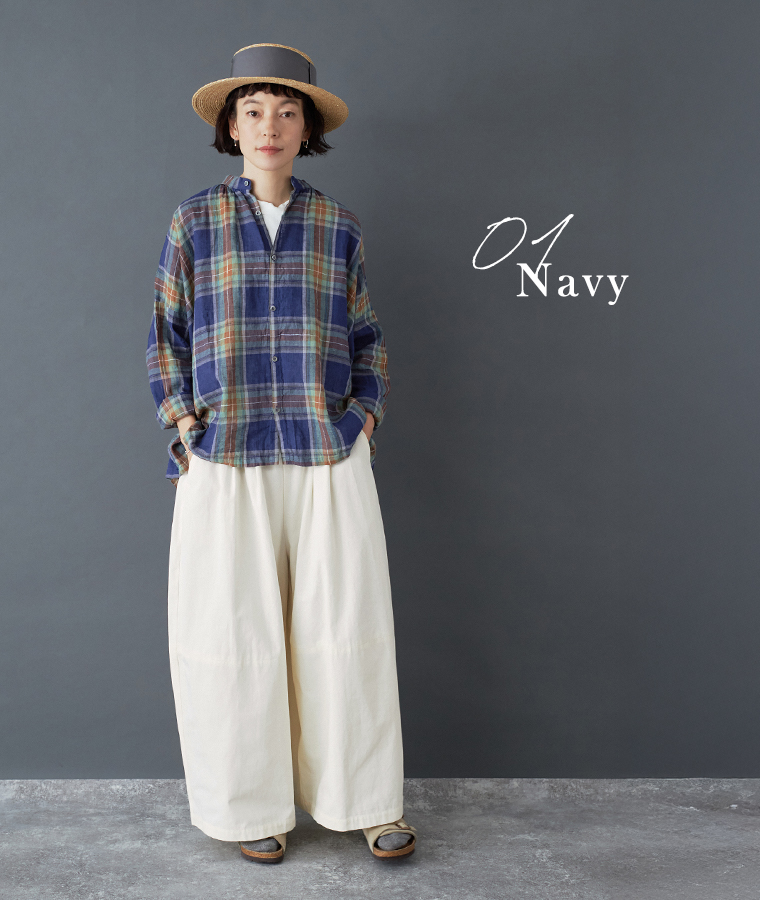 ICHI Antiquites リネンコットンタータンチェックシャツ ネイビー 着用コーディネート ワイドパンツ合わせ