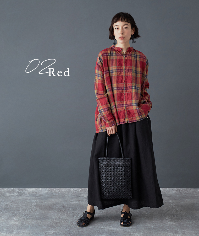 ICHI Antiquites リネンコットンタータンチェックシャツ レッド 着用コーディネート ワイドパンツ合わせ