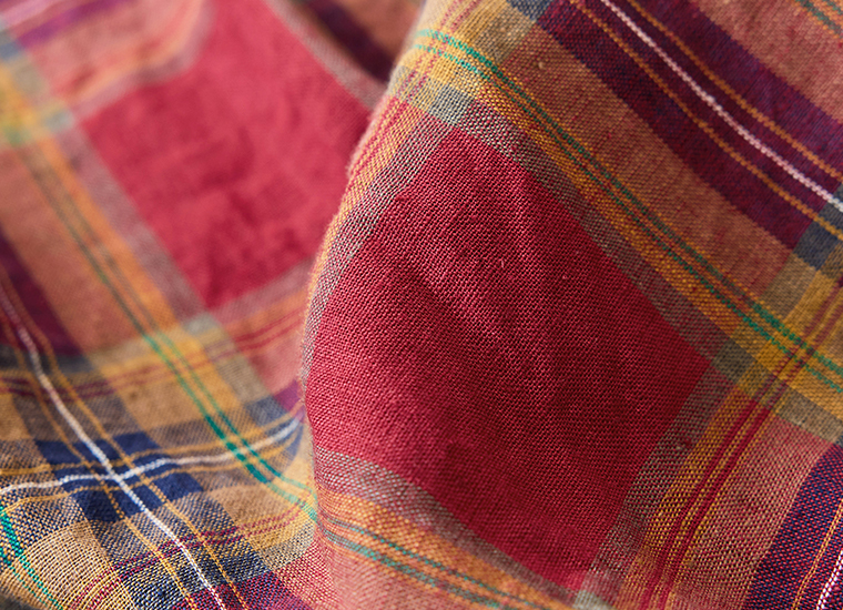 ICHI Antiquites リネンコットンタータンチェックシャツ レッド バンドカラー ゆったりシルエット