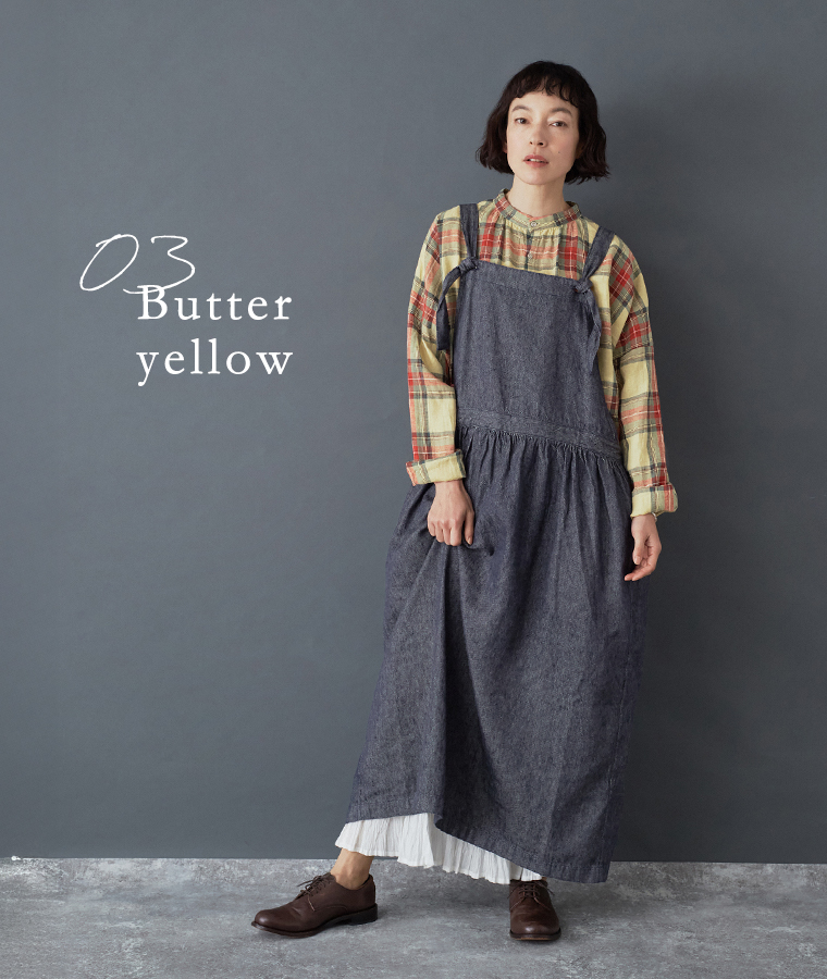 ICHI Antiquites リネンコットンタータンチェックシャツ バターイエロー 着用コーディネート サロペット合わせ