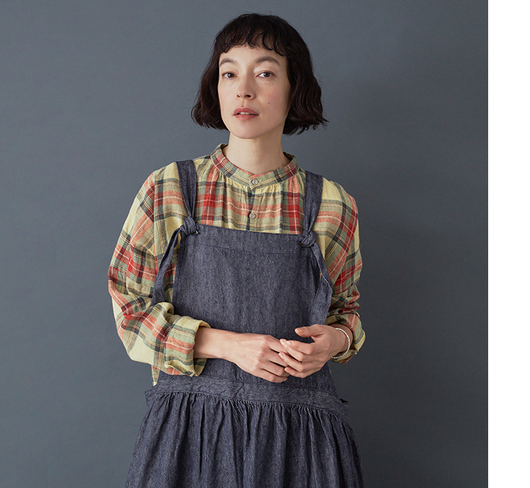 ICHI Antiquites リネンコットンタータンチェックシャツ バターイエロー バンドカラー ゆったりシルエット