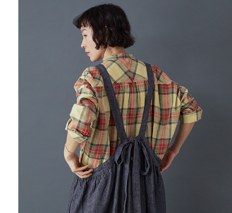 ICHI Antiquites リネンコットンタータンチェックシャツ バターイエロー バックスタイル ヨーク切り替え ギャザー入り