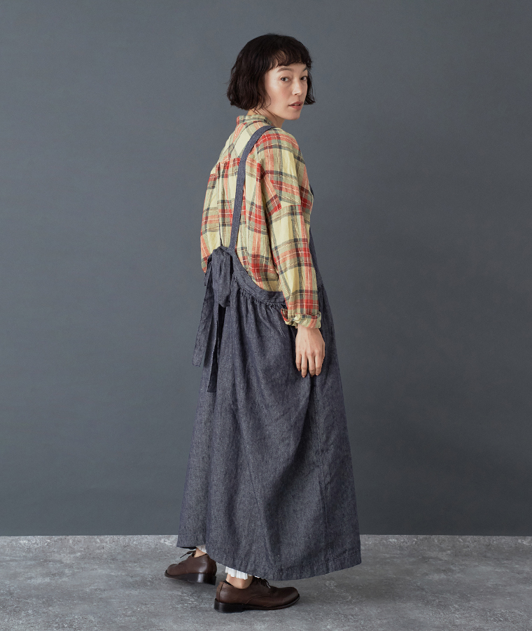 ICHI Antiquites リネンコットンタータンチェックシャツ バターイエロー バックスタイル 着用コーディネート