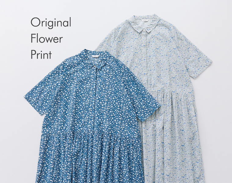 HEAVENLY フラワープリントワンピースのブルーとオフホワイトを並べた商品イメージ