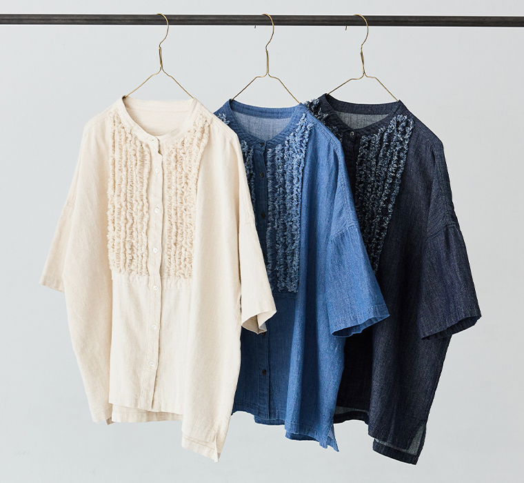 甘撚りデニムフリンジブラウス(ナチュラル、ブルー、インディゴ)の掛けカット