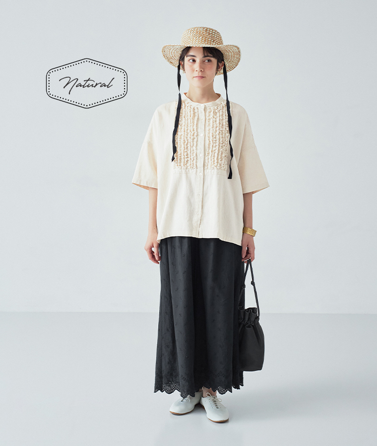 甘撚りデニムフリンジブラウス(ナチュラル)着用の全身コーディネート