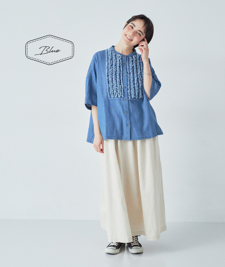 甘撚りデニムフリンジブラウス(ブルー)着用の全身コーディネート