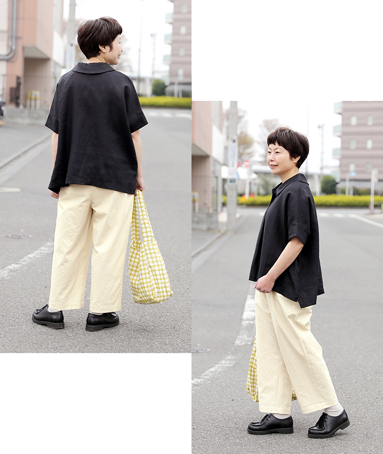 homeworking リネンポロプルオーバーとランダムサッカー タックイージーパンツのコーディネート 全身横　全身後ろ