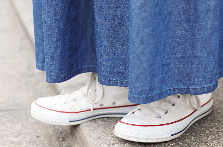 homeworking コットンリネンダンガリー ギャザーフレアスカート 裾寄り