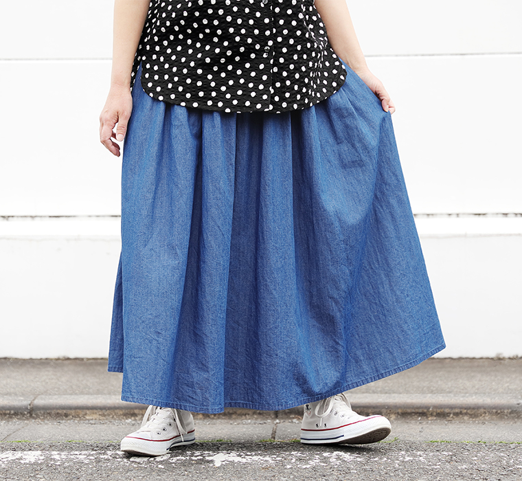 homeworking コットンリネンダンガリー ギャザーフレアスカート