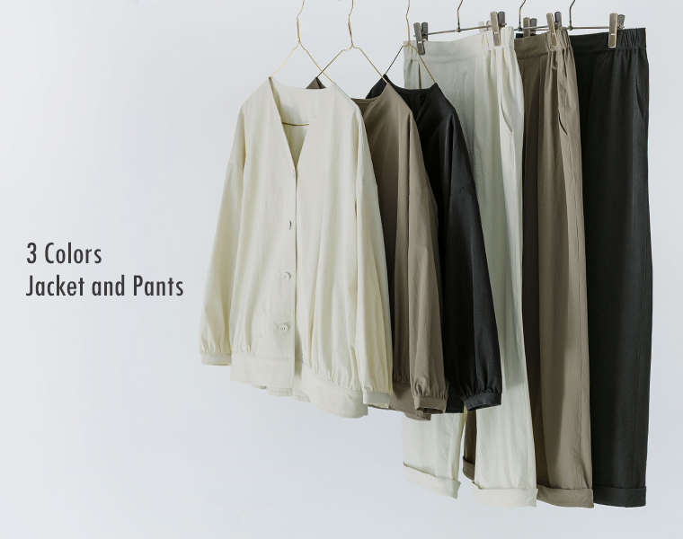 &yarn 撥水UVジャケットとパンツの3色展開イメージ