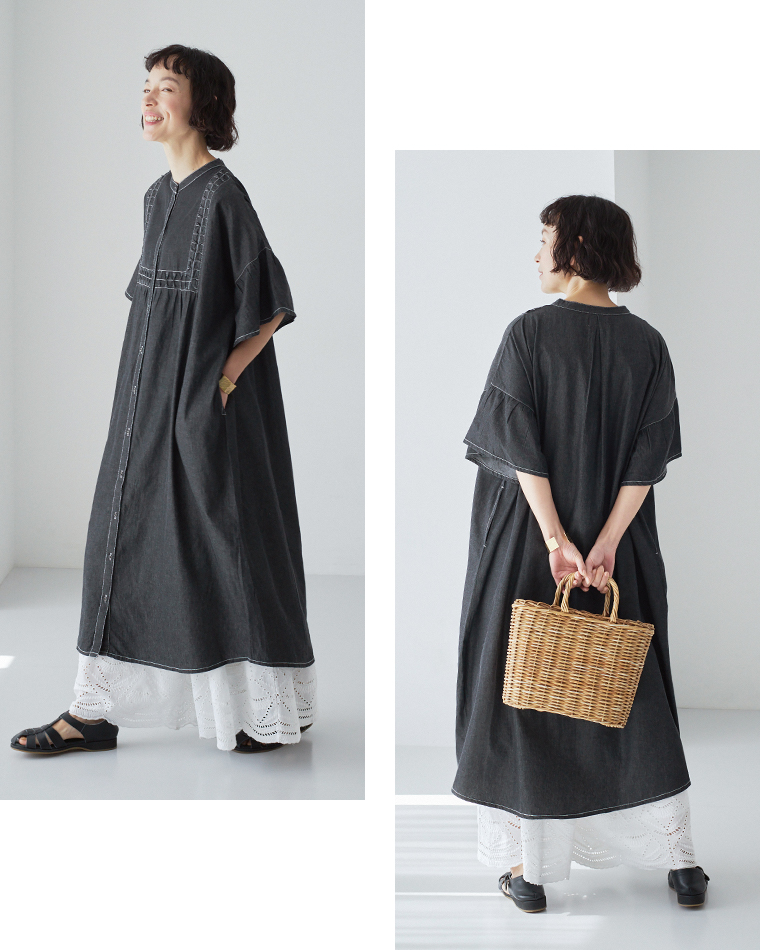 デニムスモッキングフレアワンピース(ブラック)着用の全身横と後ろのカット