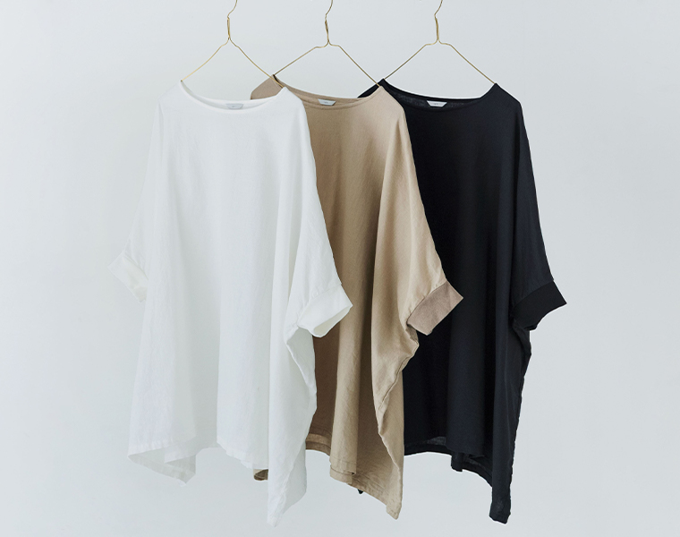 ichi コットンリネン袖リブプルオーバーブラウスのオフホワイト、ベージュ、ブラックを並べた商品画像