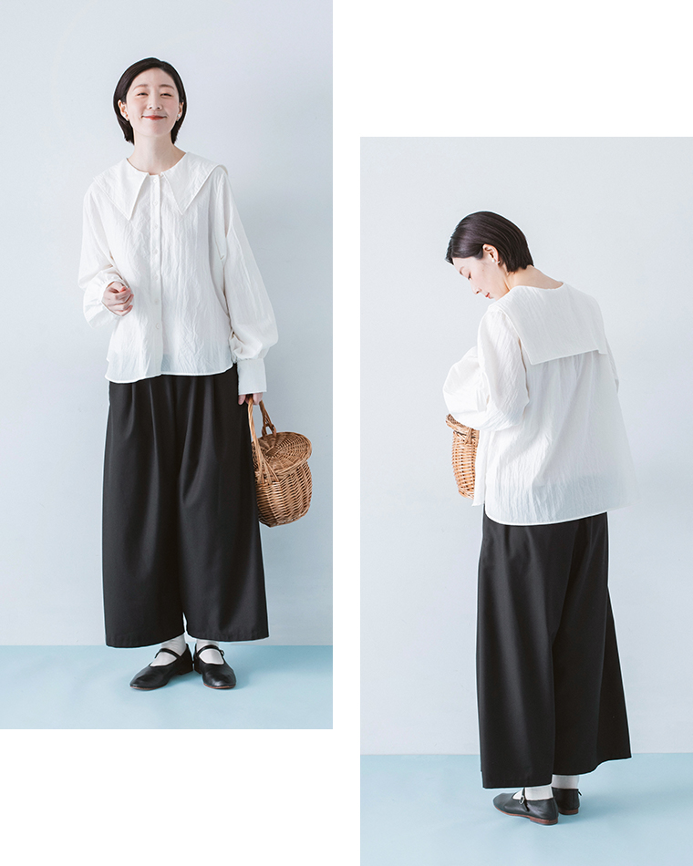 &yarn サイドタックワイドパンツ ブラック ホワイトブラウス合わせ 全身前後