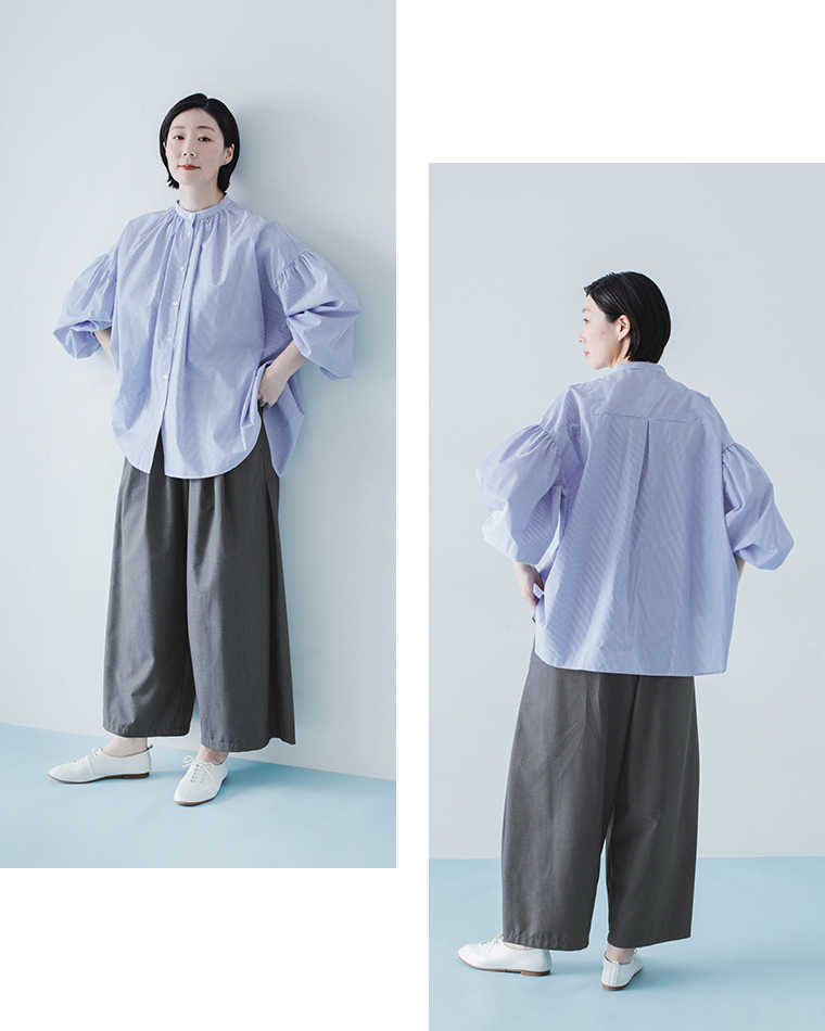 &yarn サイドタックワイドパンツ チャコール シャツ合わせ 全身前後